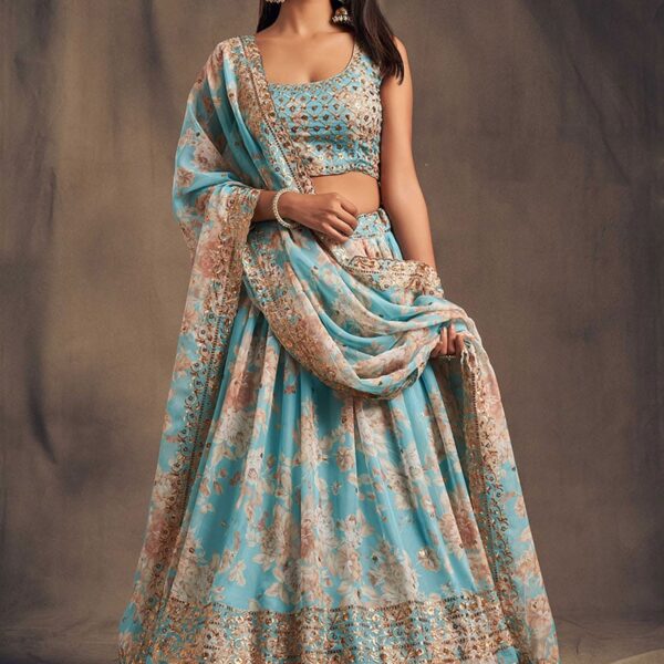 Arctic Blue Organza Floral Digital Print Umbrella Lehenga Party Wear