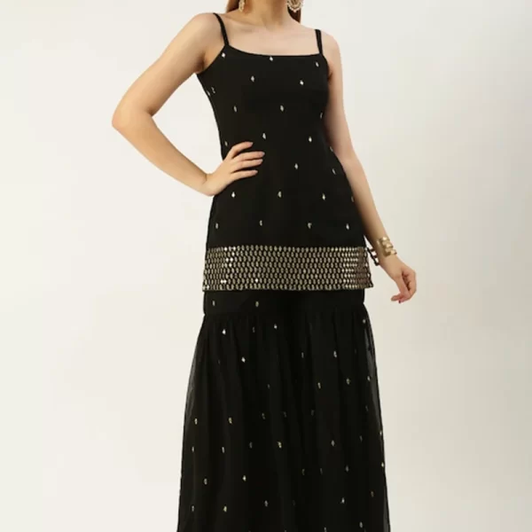 Black Embroidered Georgette Gharara Set Festive Wear