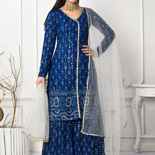 Blue Georgette Embroidered Sharara Suit Wedding Wear
