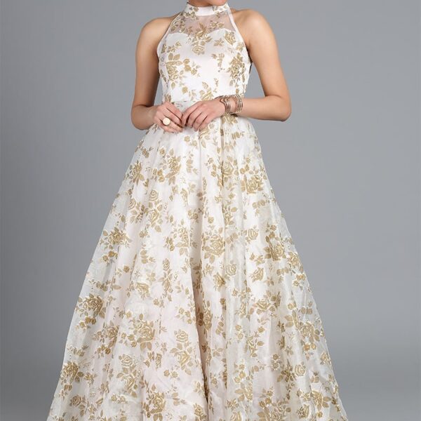 Ethnovog White Printed Gown Party Wear