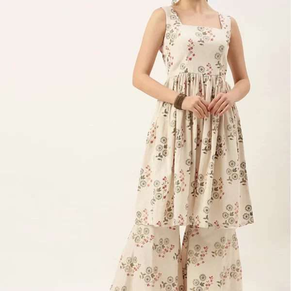 Cream Printed Kurta N Gharara Set Festive Wear