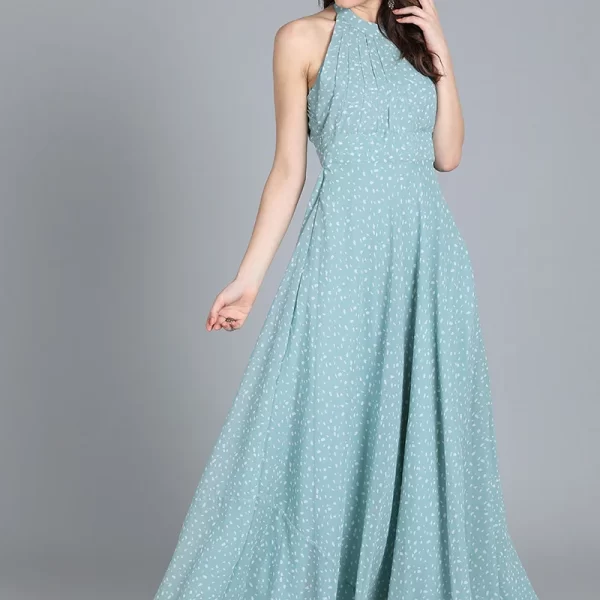 Blue Halter Neck Georgette Gown After Six Wear