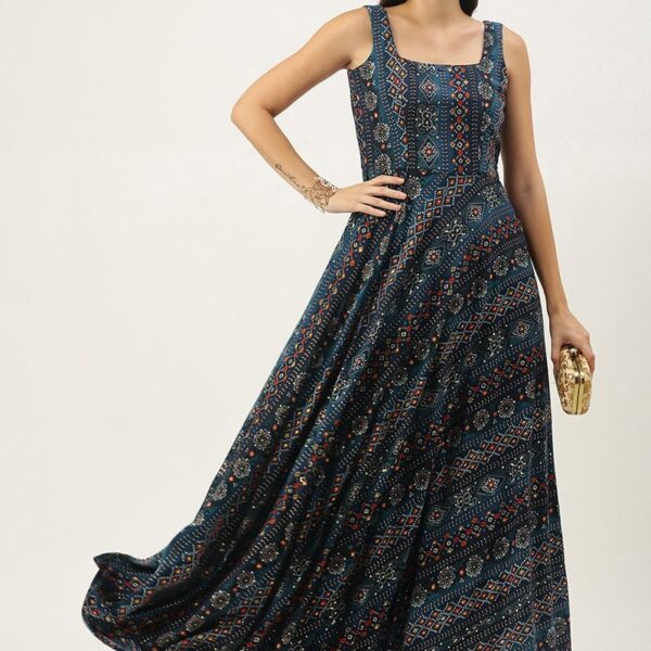 Dark Blue Printed Strap Neck Dress After Six Wear