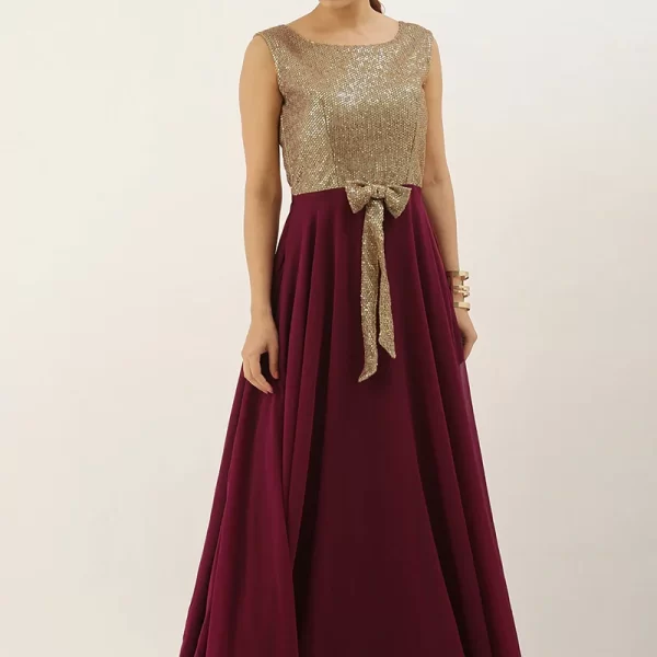 Gold Sequins N Purple Georgette Flared Gown Party Wear