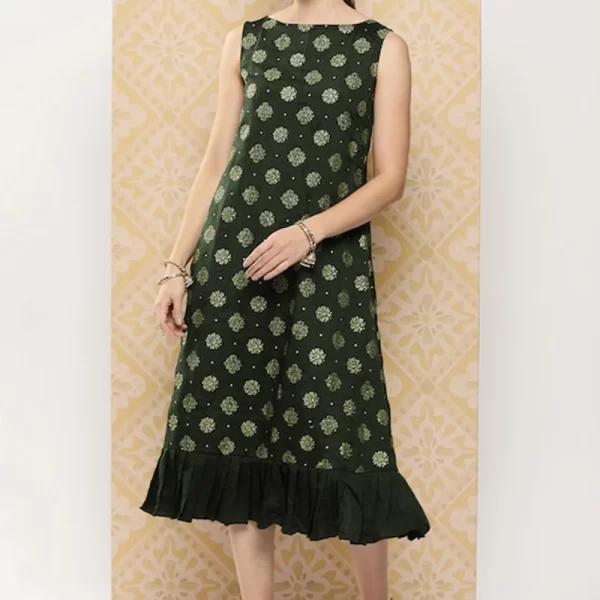 Green Art Silk Foil Print Dress After Six Wear