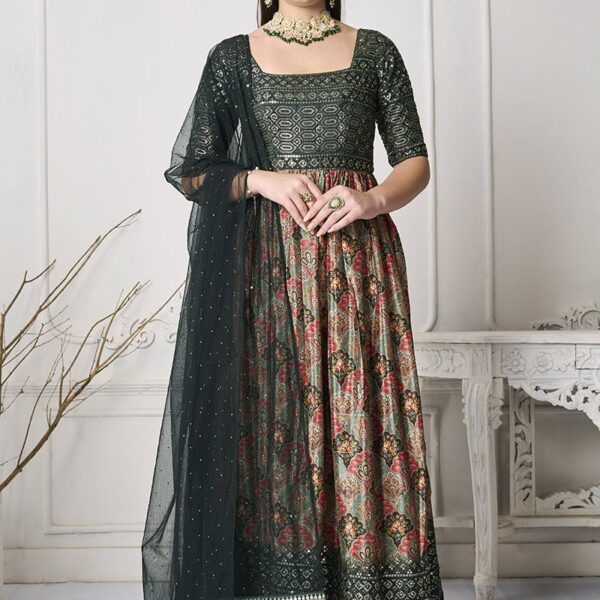 Green N Multicolored Chinon Salwar Set Wedding Wear