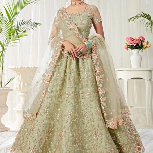 Green Net Embroidered A Line Lehenga Wedding Wear