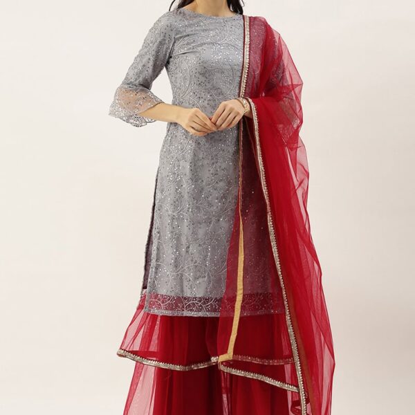 Grey Embroidered N Red Layered Gharara Suit Wedding Wear