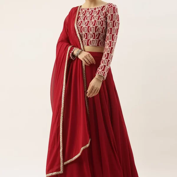 Maroon Georgette Embroidered Boat Neck Lehenga Wedding Wear