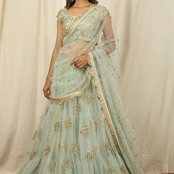Mint Green Net Embroidered N Sequins Umbrella Lehenga Wedding Wear
