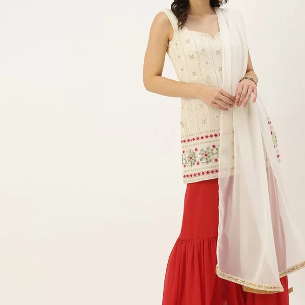 Teen Girls Off White Embroidered Georgette Gharara Suit Work Wear