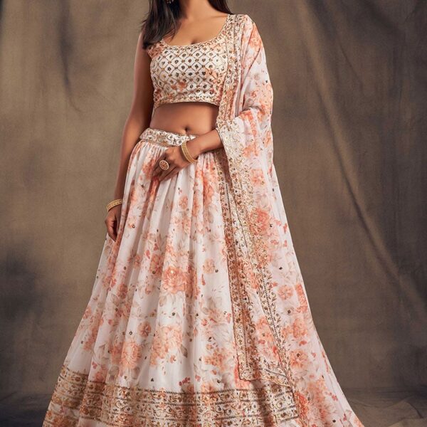 Off White Organza Floral Digital Print Umbrella Lehenga Party Wear