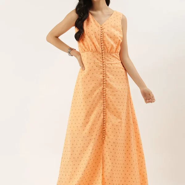 Peach Foil Printed Cotton Maxi Dress Festive Wear After Six Wear