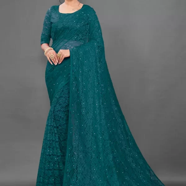 Rama Green Net Silk Lace Saree Party Wear
