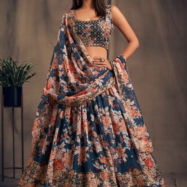Teal Blue Organza Floral Digital Print Umbrella Lehenga Party Wear