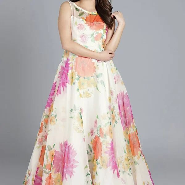 Cream Boat Neck Organza Gown Party Wear