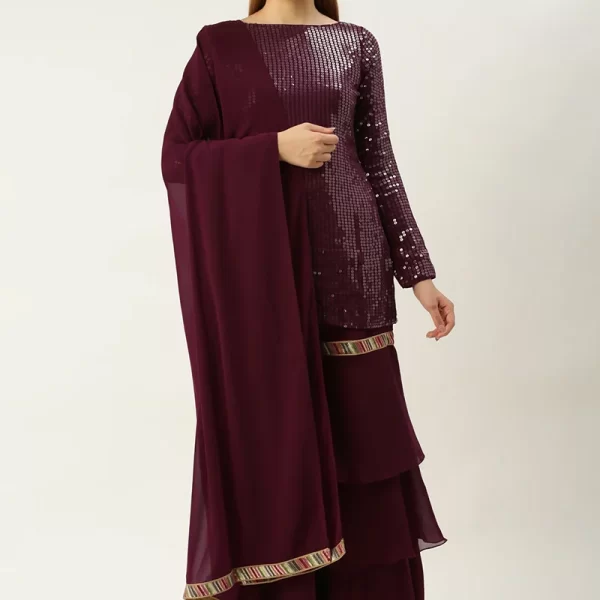 Teen Girls Wine Georgette Embroidered Layered Gharara Suit Festive Wear