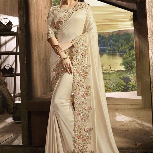 Cream Soft Art Silk N Net Embroidered N Sequins Saree Party Wear