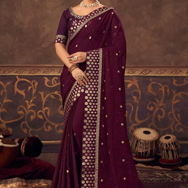 Dark Purple Chinnon Zari Embroidered Saree Festive Wear