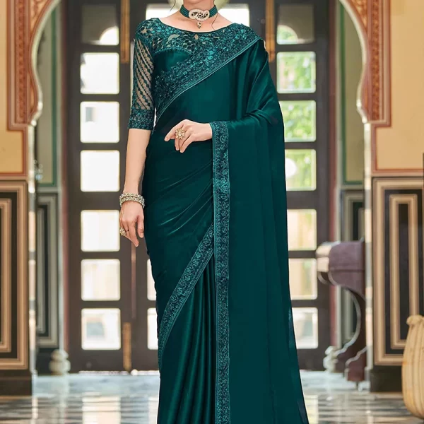 Dark Teal Green Embroidery Sequins Faux Georgette Saree Party Wear