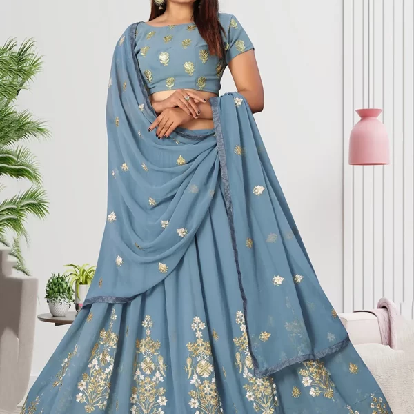 Grey Georgette Embroidered Umbrella Lehenga Party Wear