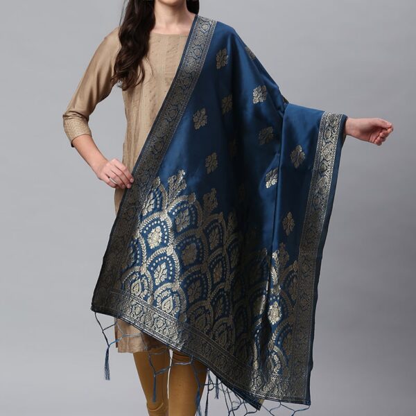 Indigo Blue Benarasi Silk Jacquard Woven Dupatta Festive Wear