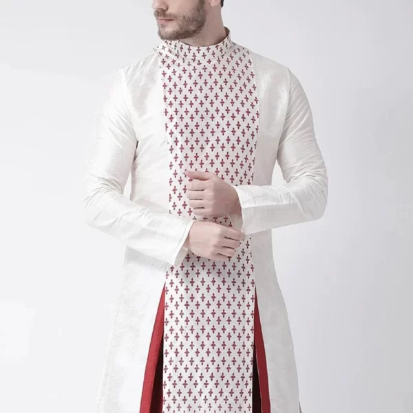 White Dupion Silk Printed Kurta