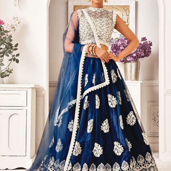 Navy Blue Mono Net Lace N Sequins Umbrella Lehenga Party Wear