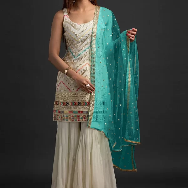 Off White Georgette Embroidered N Sequins Sharara Suit Party Wear