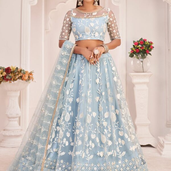 Sky Blue Net Thread Embroidery Sequins Umbrella Lehenga Party Wear