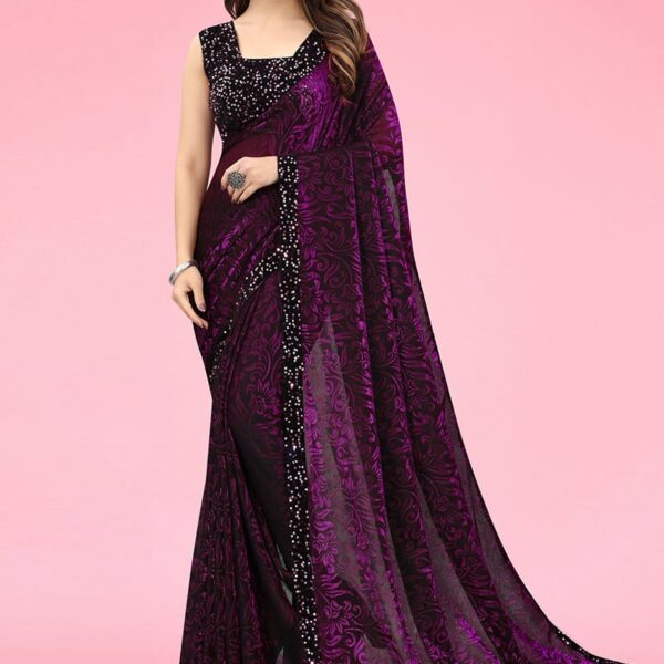 Wine lycra saree with foil print Party Wear